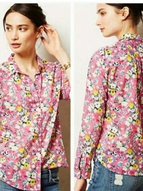 Anthropologie Holding Horses Women's Pink Floral Button-Up Shirt